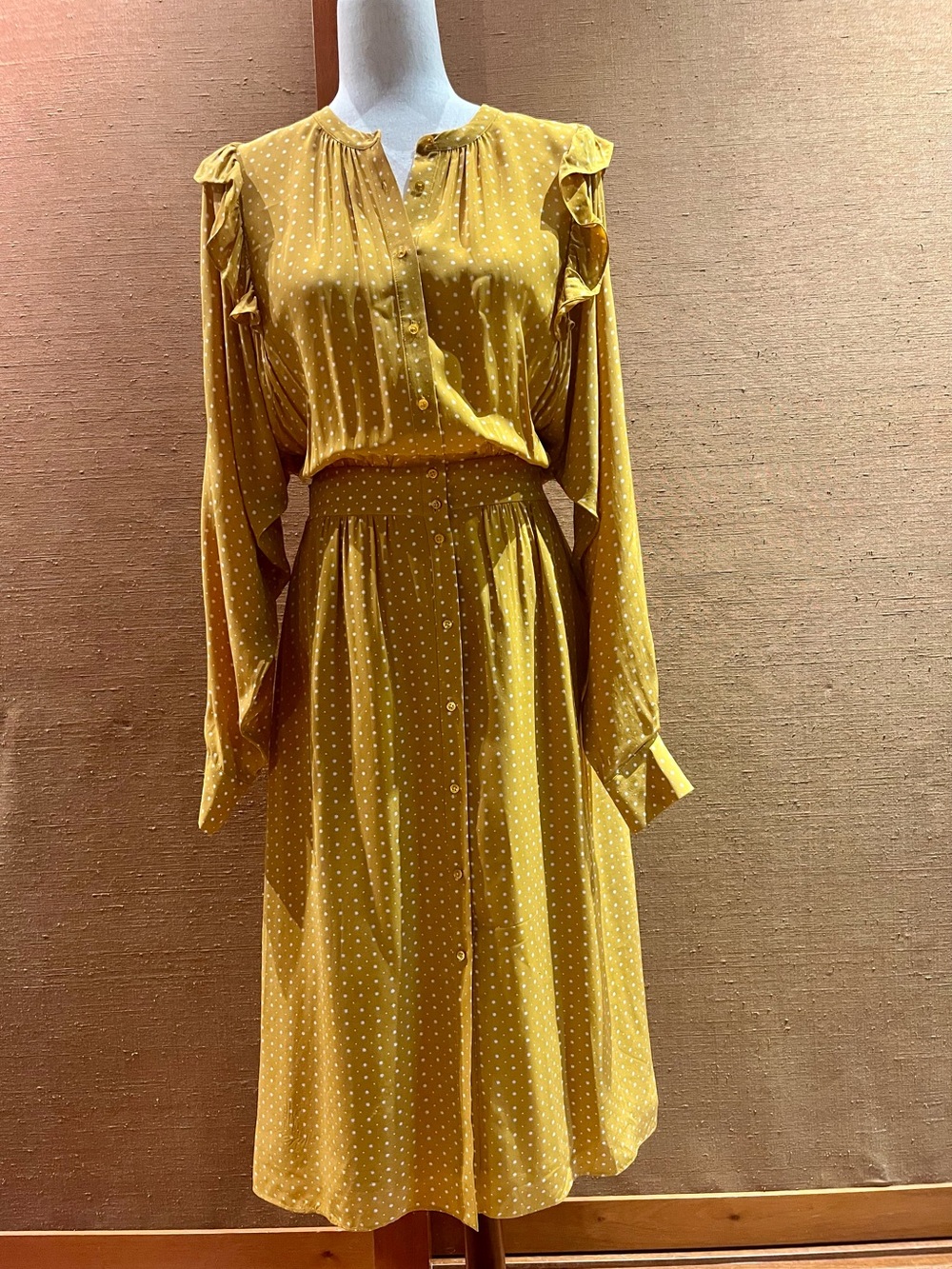 Joie Yellow Polka Dot Long Sleeve Midi Dress